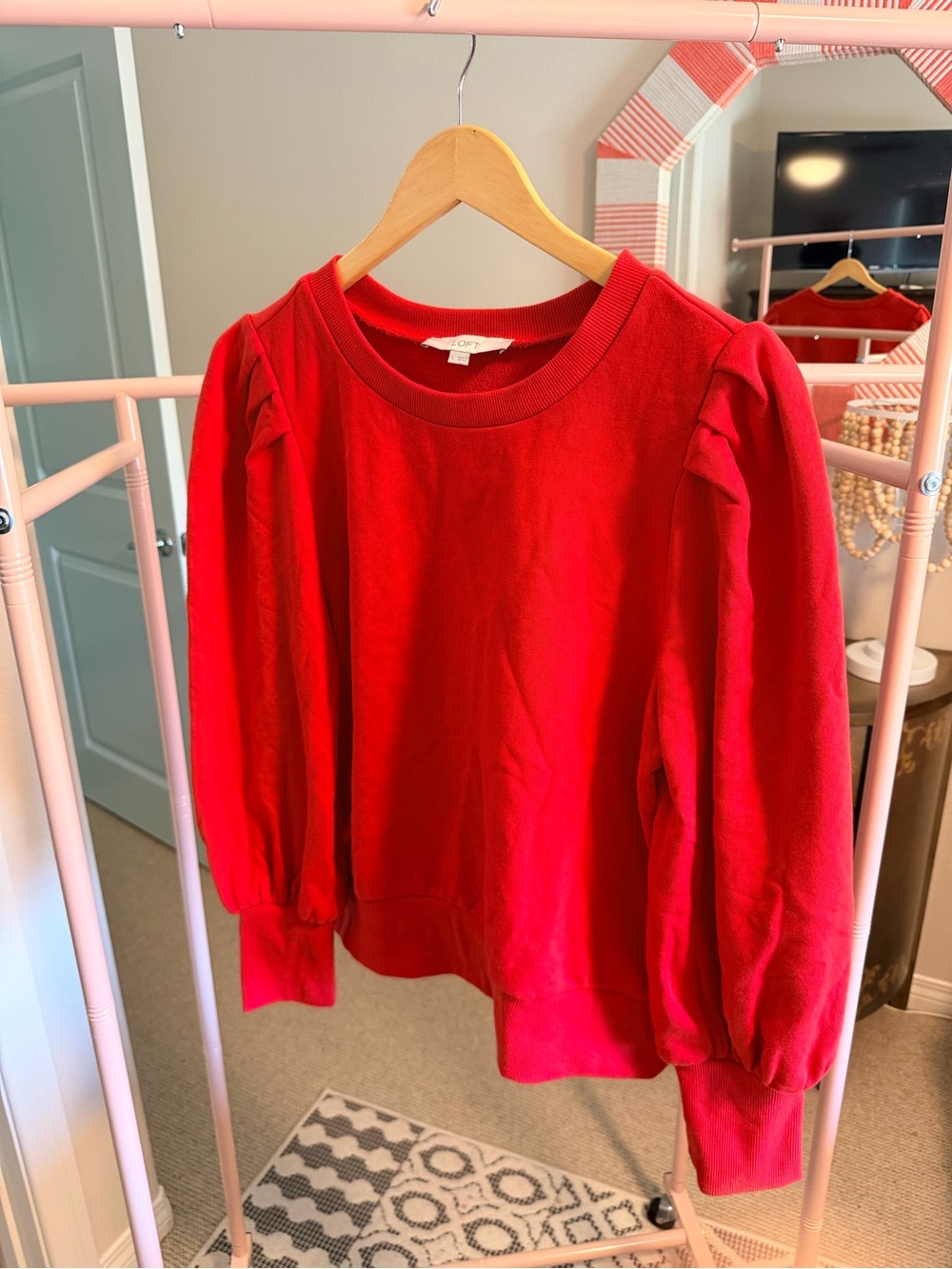LOFT Red Crewneck Sweater with Subtle Puff Sleeves